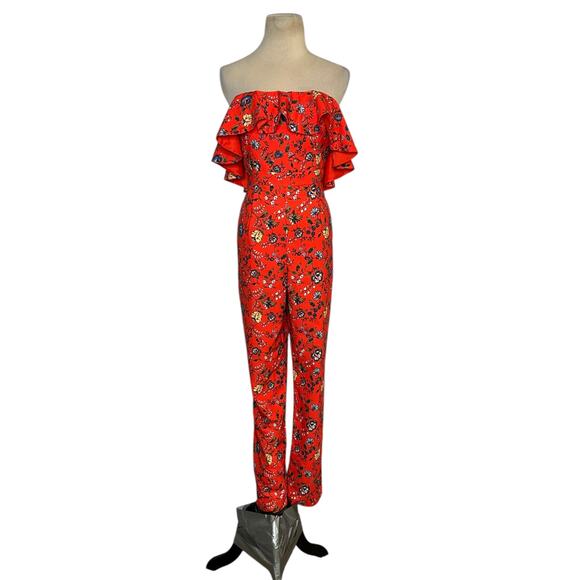 Gianni Bini red green floral strapless ruffled jumpsuit size 6 - Picture 11 of 16